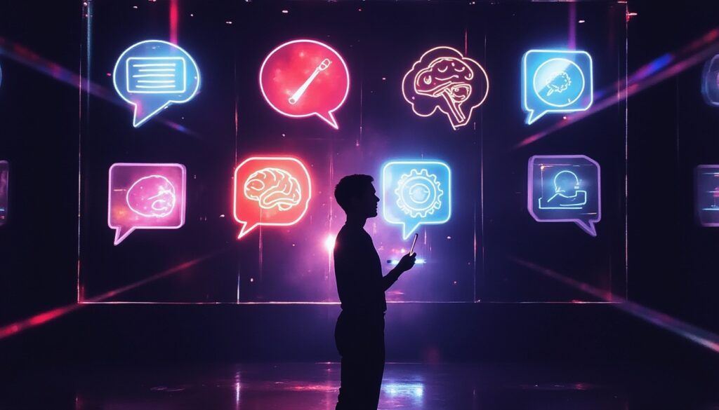 Eine Person steht vor leuchtenden digitalen Symbolen für Technologie, Kommunikation und KI auf einem dunklen Hintergrund.