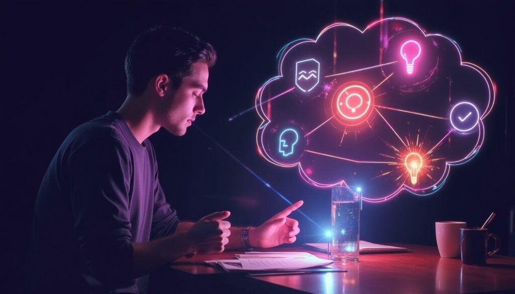 Ein Mann studiert an einem Schreibtisch mit digitalen Symbolen und einer leuchtenden hirnförmigen Wolkenprojektion neben ihm.