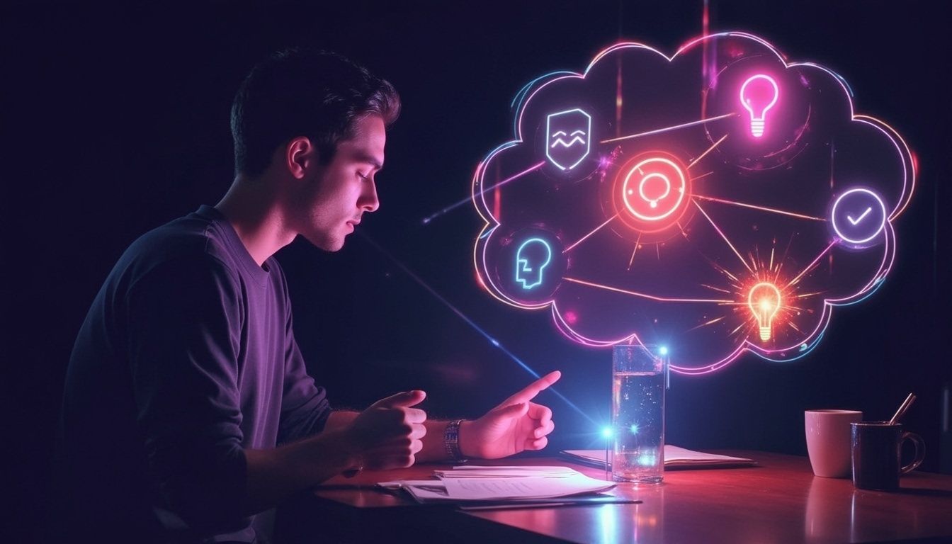 Ein Mann studiert an einem Schreibtisch mit digitalen Symbolen und einer leuchtenden hirnförmigen Wolkenprojektion neben ihm.