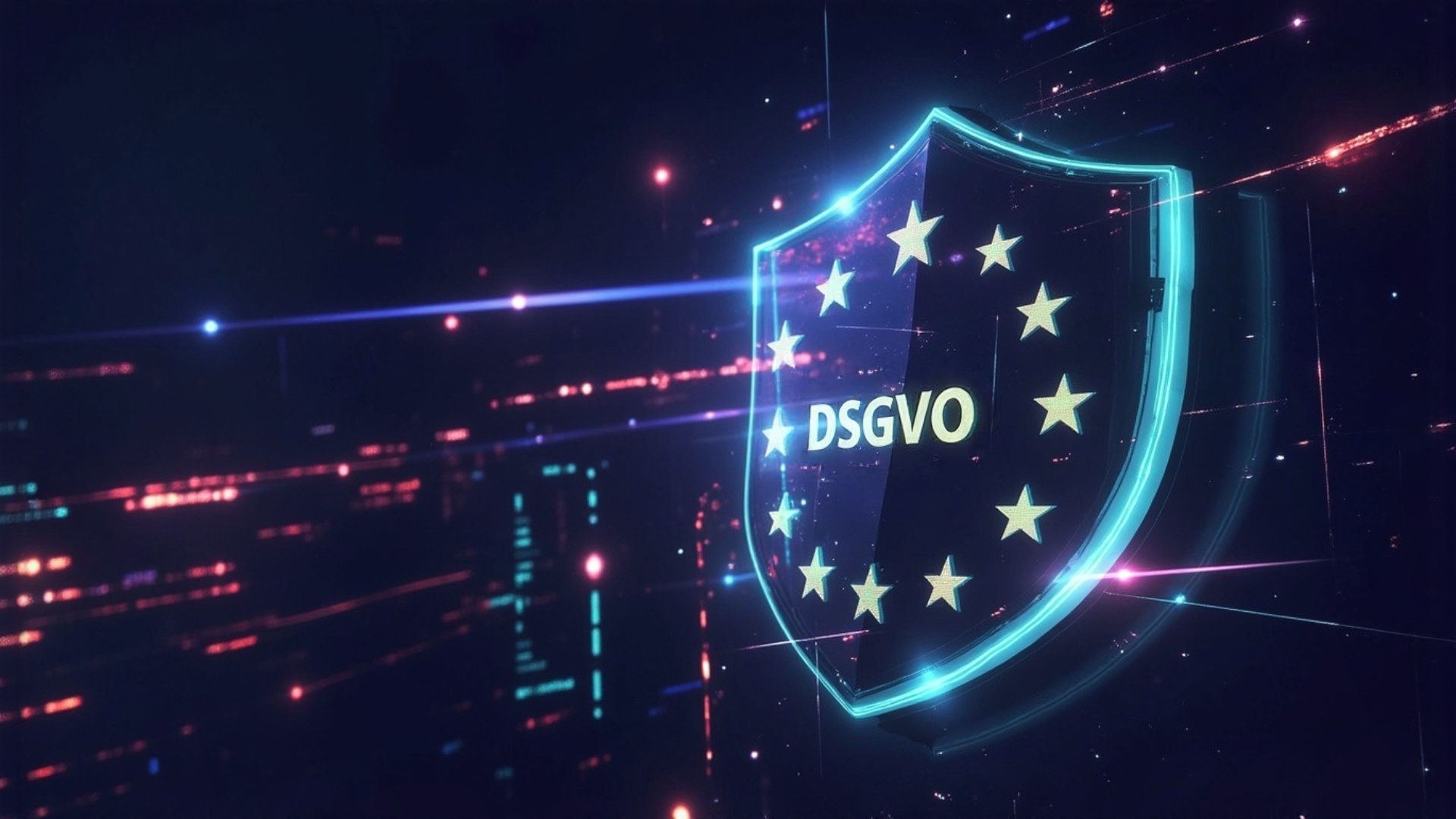 Leuchtendes Schild mit Sternen und dem Text "DSGVO" als Symbol für Datenschutz und Cybersicherheit im digitalen Raum.