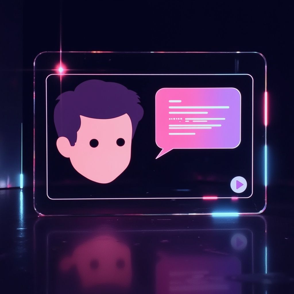 Ein digitaler Bildschirm zeigt ein illustriertes Gesicht mit einer Sprechblase, die in Neonfarben auf einem dunklen Hintergrund leuchtet.