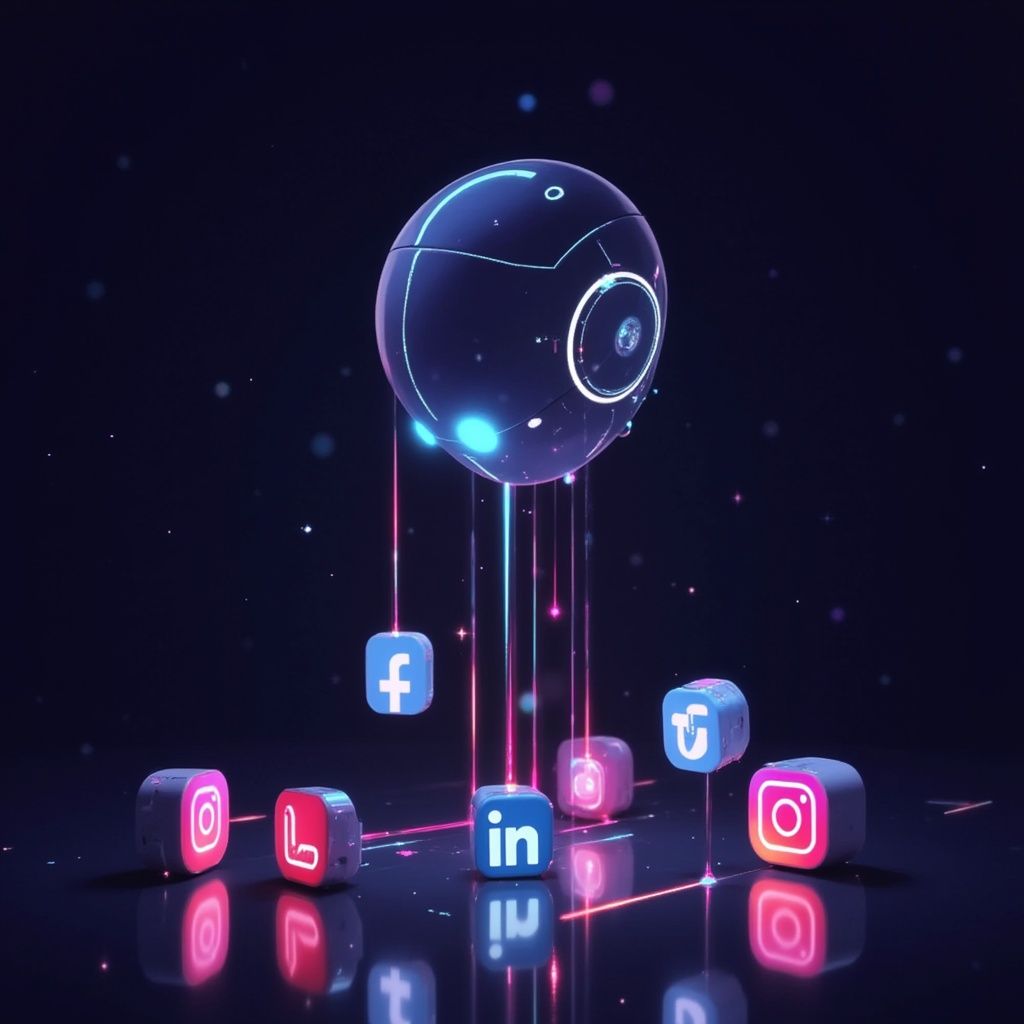 Eine leuchtende Kugel verbindet sich mit schwebenden Symbolen für soziale Medien, darunter Facebook, Twitter, LinkedIn und Instagram.