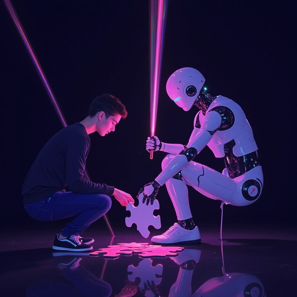 Ein junger Mann und ein Roboter setzen unter leuchtenden rosa und lila Lichtern ein großes Puzzleteil zusammen.