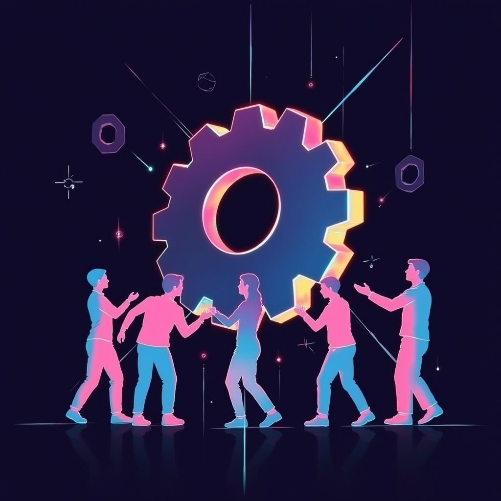 Vier Personen arbeiten zusammen, um ein leuchtendes Zahnrad zusammenzusetzen, das Teamarbeit in einem digitalen, futuristischen Stil symbolisiert.