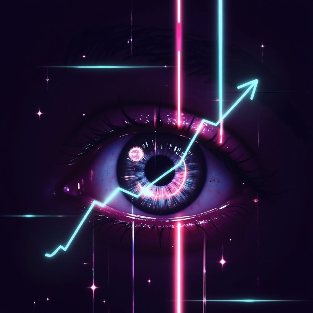 Ein leuchtendes Auge mit Neonlichtern und einer nach oben zeigenden Pfeilgrafik, die sich vor einem dunklen Hintergrund befindet.