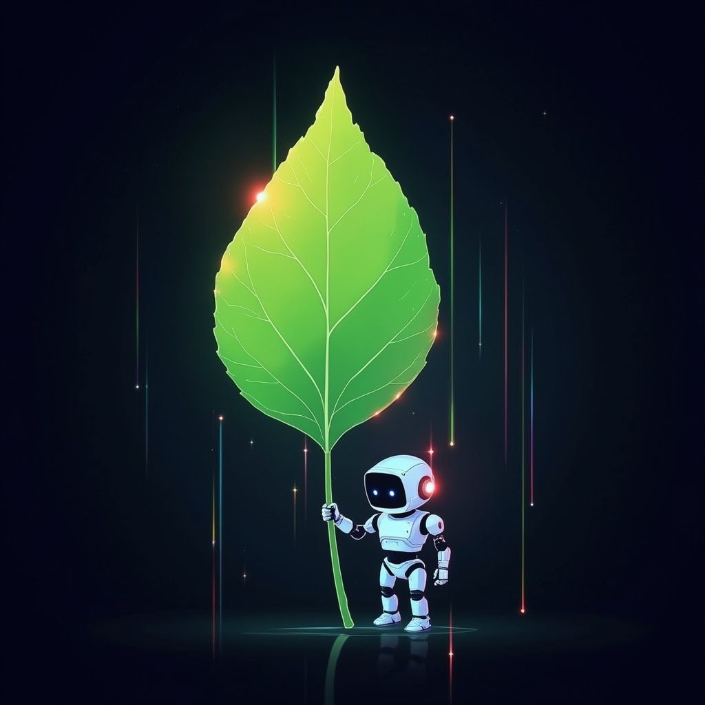 Ein kleiner Roboter hält ein großes, leuchtend grünes Blatt vor einem dunklen, futuristischen Hintergrund mit bunten Lichtstreifen.