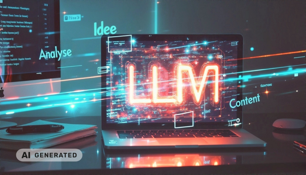 Auf dem Laptop-Bildschirm leuchtet „LLM“, überlagert von den Begriffen „Analyse“, „Idee“ und „Inhalt“, die KI-Konzepte symbolisieren.