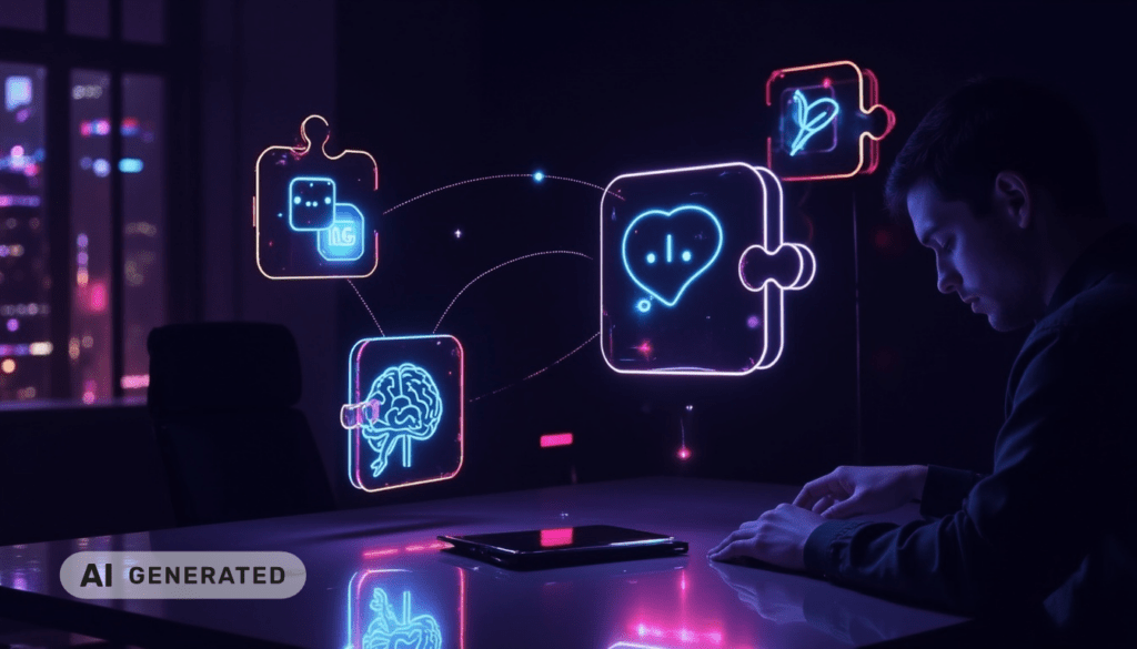 Eine Person sitzt nachts an einem Schreibtisch und betrachtet auf einem digitalen Display neonfarbene Puzzle-Symbole, die eine KI, ein Gehirn und ein Herz darstellen.