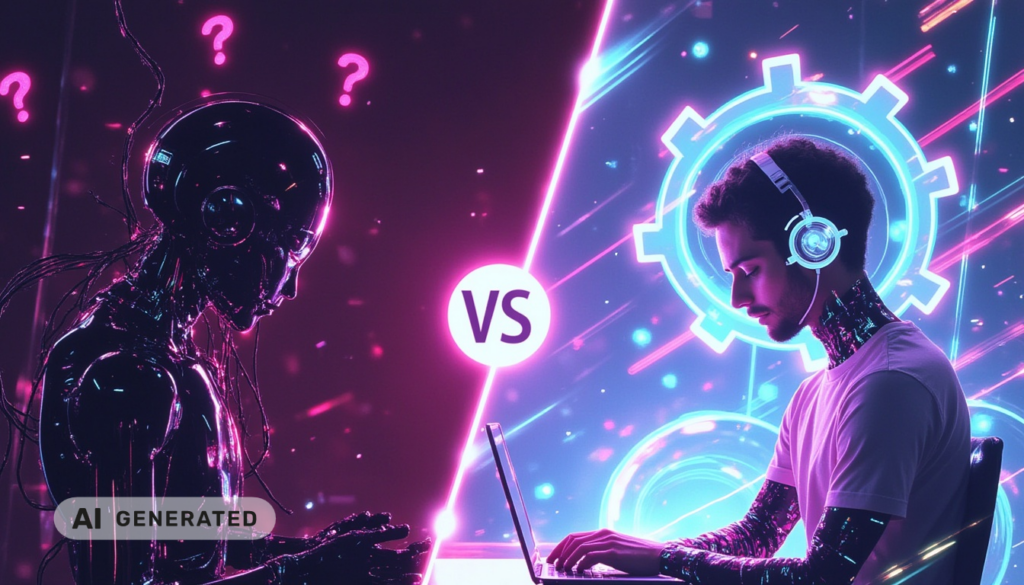 Ein Roboter steht einem Menschen gegenüber, der Kopfhörer trägt und an einem Laptop sitzt; in der Mitte trennt ein „VS“-Schriftzug die beiden, alles in Neonfarben.