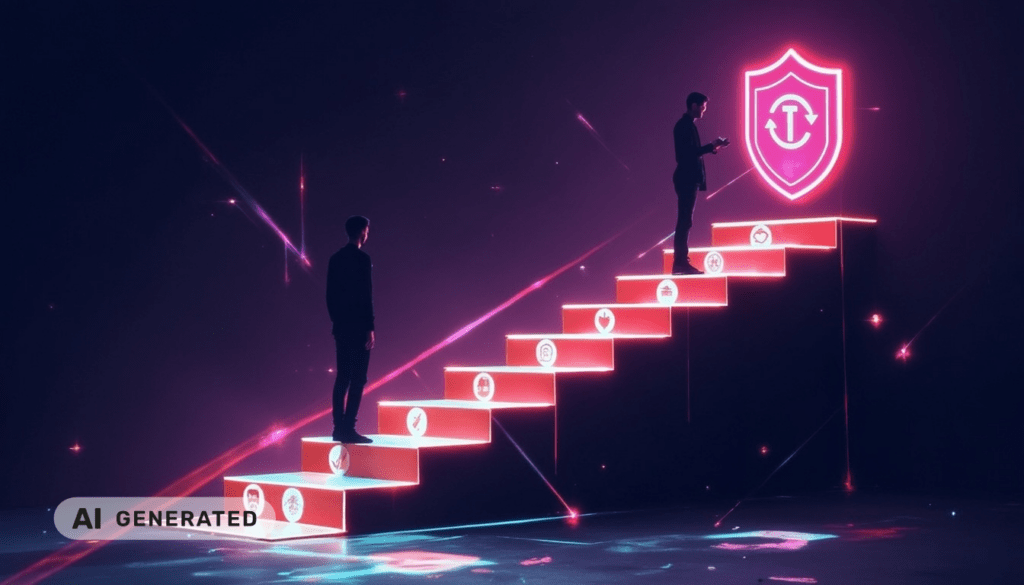 Zwei Personen auf einer leuchtenden Neon-Treppe mit digitalen Symbolen, die zu einem Schild-Symbol in einer futuristischen Kulisse führt.