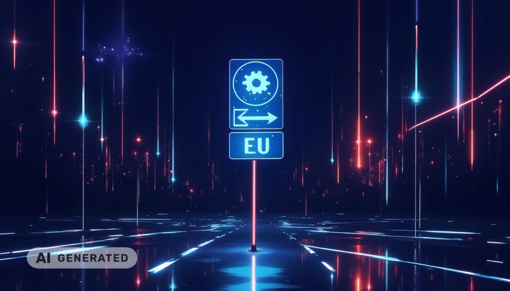 Ein leuchtendes EU-Verkehrsschild mit einem Zahnrad-Symbol, einem Pfeil und digitalen Neonleuchten in einer futuristischen Kulisse.