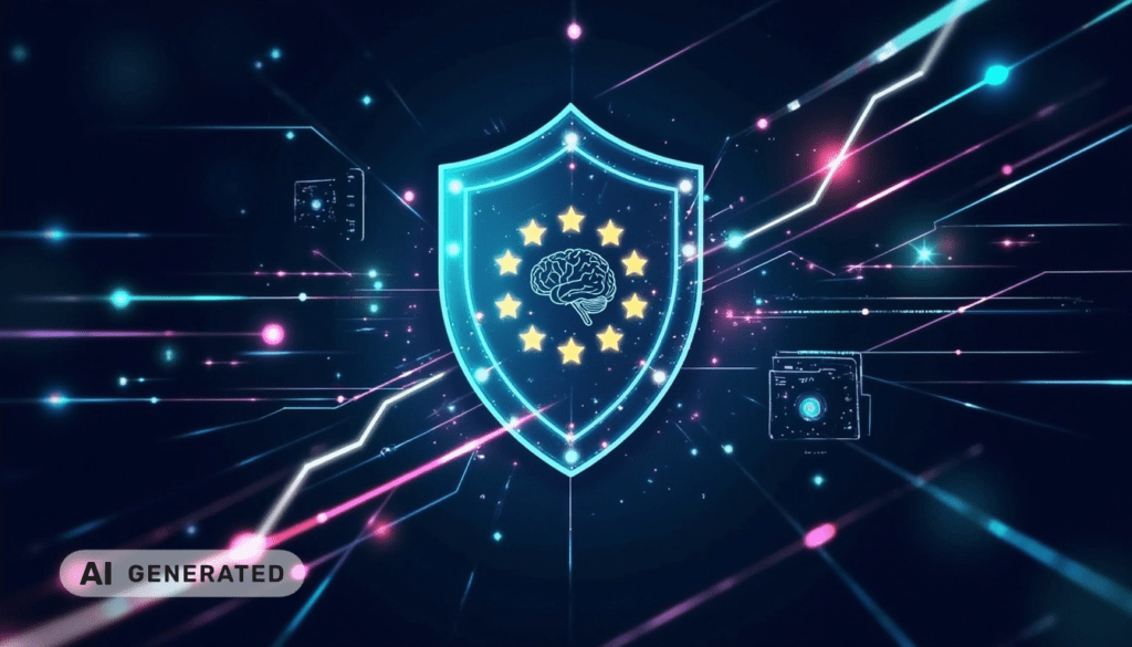 Ein leuchtender Schild mit EU-Sternen und einem Gehirn-Symbol, umgeben von digitalen Linien und Schaltkreisen, symbolisiert KI-Sicherheit.