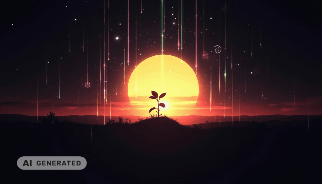 Bei Sonnenuntergang sprießt eine Pflanze auf einem Hügel, umgeben von leuchtenden Linien und Sternen in einer surrealen, digitalen Landschaft.