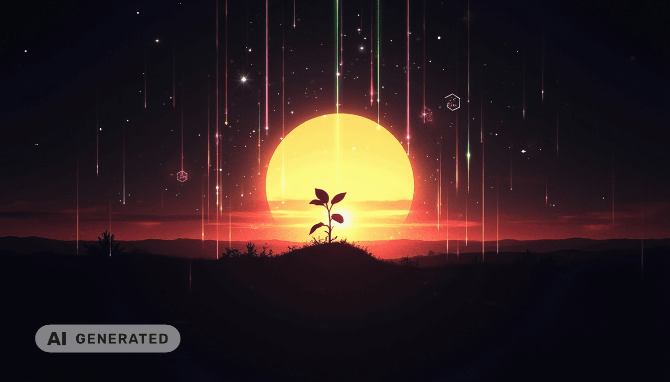 Bei Sonnenuntergang sprießt eine Pflanze auf einem Hügel, umgeben von leuchtenden Linien und Sternen in einer surrealen, digitalen Landschaft.