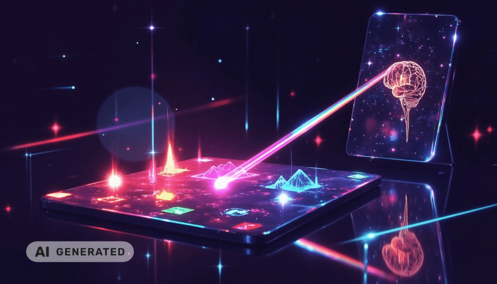 Ein futuristisches Tablet projiziert Hologramme und ein Gehirn, wobei ein Neonstrahl zwei digitale Geräte miteinander verbindet.