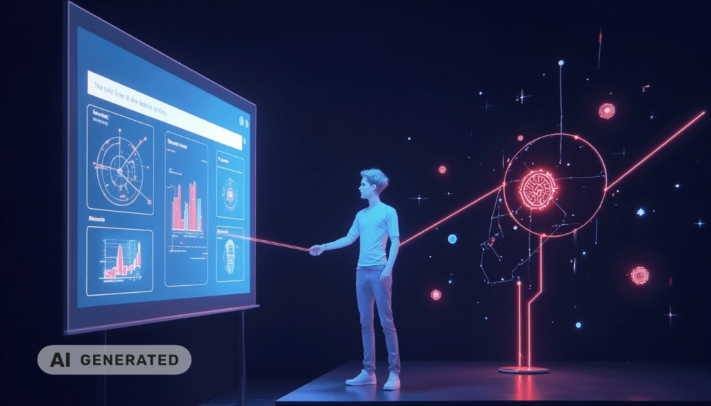 Eine Person zeigt auf Diagramme auf einem großen Bildschirm, im Hintergrund sind leuchtende digitale Darstellungen und futuristische Grafiken zu sehen.