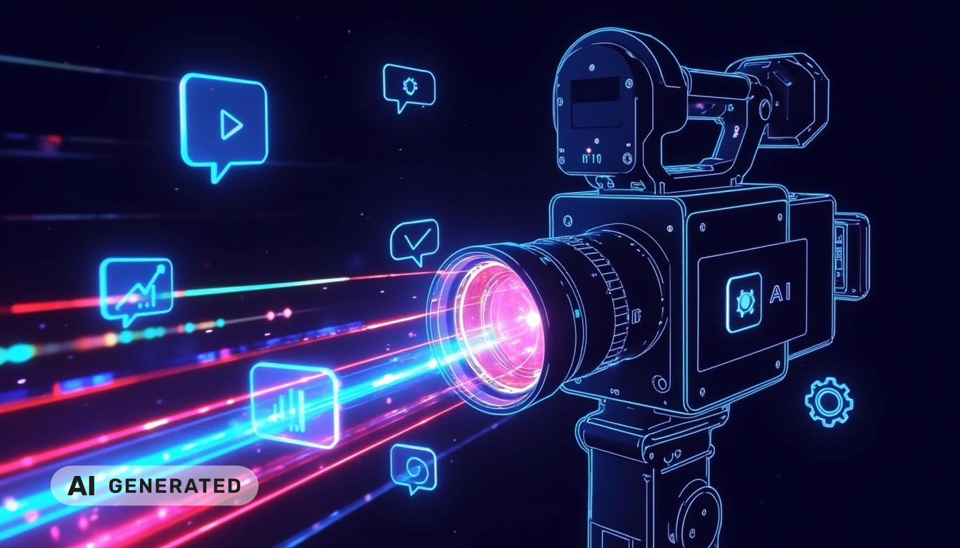 Eine Digitalkamera mit KI-Symbolen und bunten Datenströmen, die für den Einsatz von KI in der Film- oder Medienproduktion stehen.