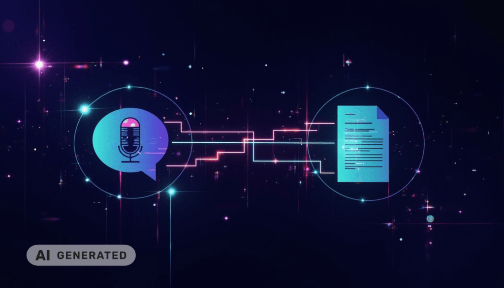 Ein KI-Mikrofon-Symbol, das mit einem Dokument verknüpft ist und die Sprach-zu-Text-Technologie auf einem dunklen digitalen Hintergrund symbolisiert.