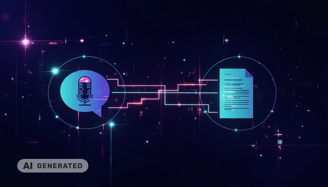 Ein KI-Mikrofon-Symbol, das mit einem Dokument verknüpft ist und die Sprach-zu-Text-Technologie auf einem dunklen digitalen Hintergrund symbolisiert.