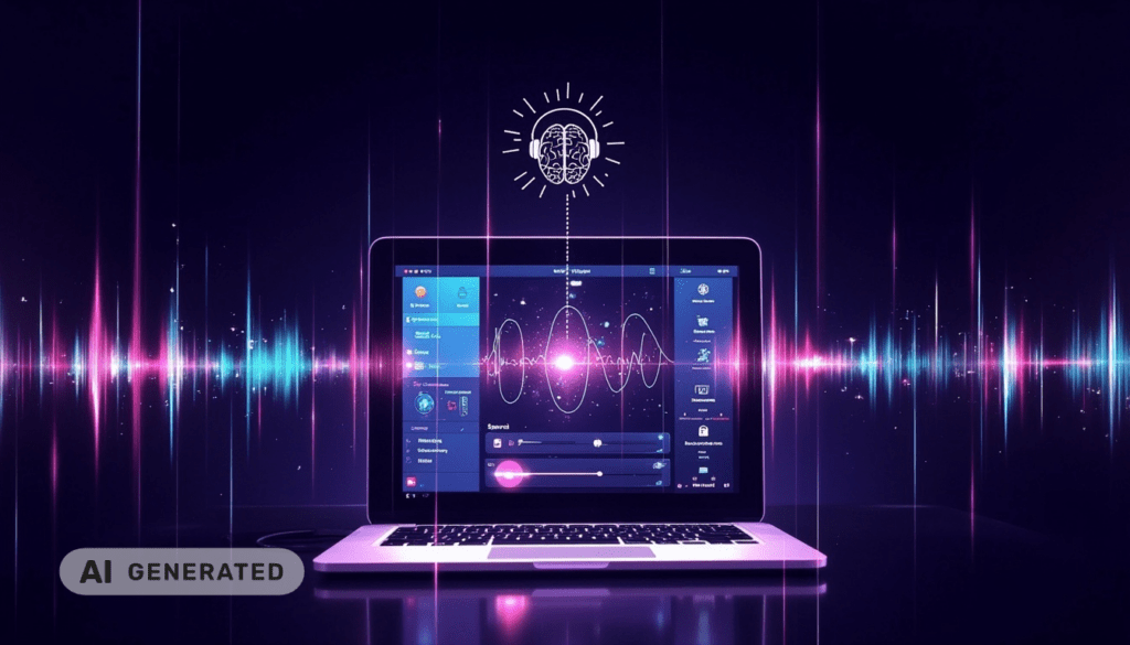 Laptop mit bunten Schallwellen und einem Gehirn-Symbol darüber, das für künstliche Intelligenz und Audioanalyse steht.