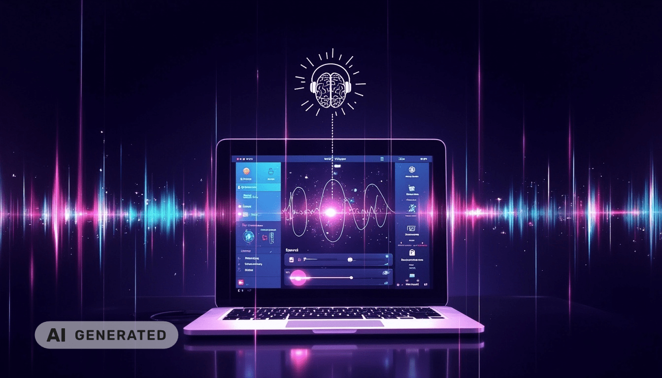 Laptop mit bunten Schallwellen und einem Gehirn-Symbol darüber, das für künstliche Intelligenz und Audioanalyse steht.
