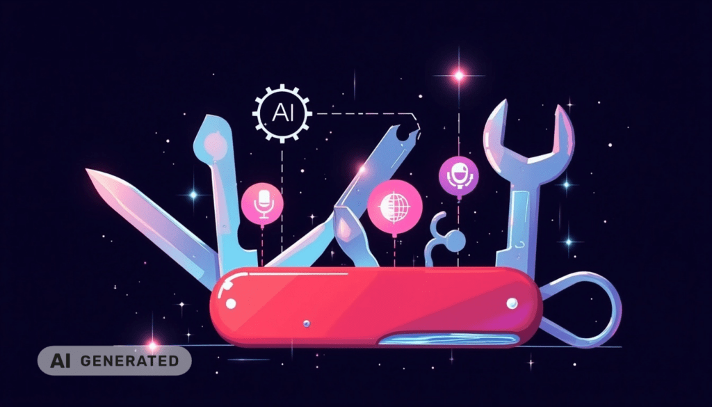 Ein rotes Multitool mit KI-Symbolen wie einem Globus und einem Mikrofon, die vor einem dunklen, sternenklaren Hintergrund leuchten.