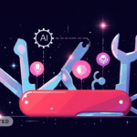 Ein rotes Multitool mit KI-Symbolen wie einem Globus und einem Mikrofon, die vor einem dunklen, sternenklaren Hintergrund leuchten.