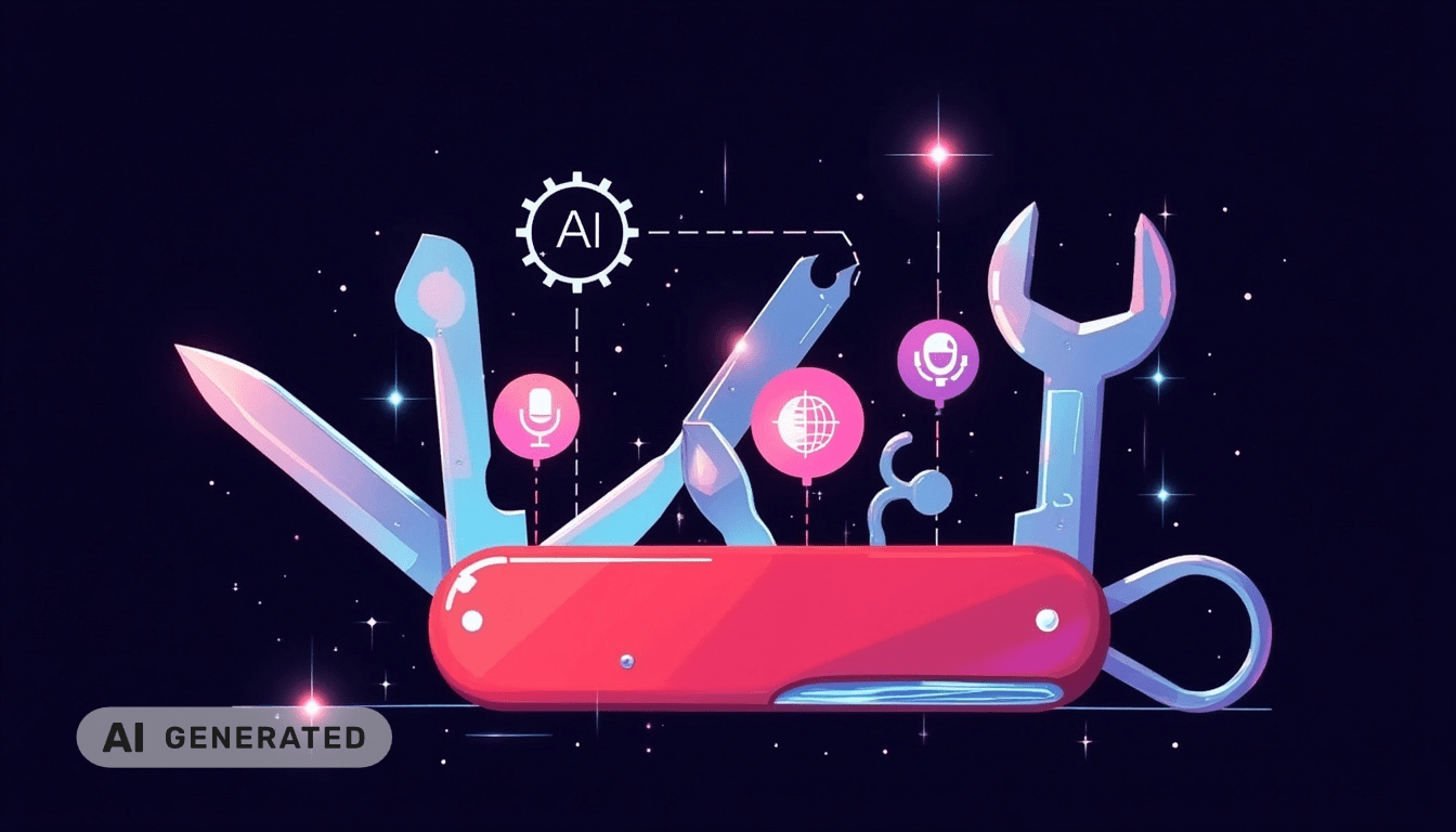 Ein rotes Multitool mit KI-Symbolen wie einem Globus und einem Mikrofon, die vor einem dunklen, sternenklaren Hintergrund leuchten.