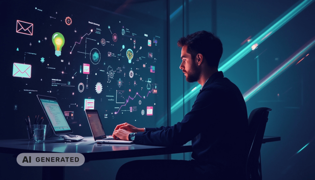 Ein Mann sitzt an einem Schreibtisch mit Laptops und analysiert farbenfrohe digitale Datenvisualisierungen auf einem großen Bildschirm.
