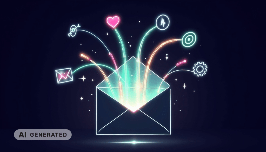 Ein leuchtender Umschlag, aus dem vor einem dunklen Hintergrund bunte Neon-Symbole wie ein Herz, eine Zielscheibe und ein Zahnrad hervortreten.