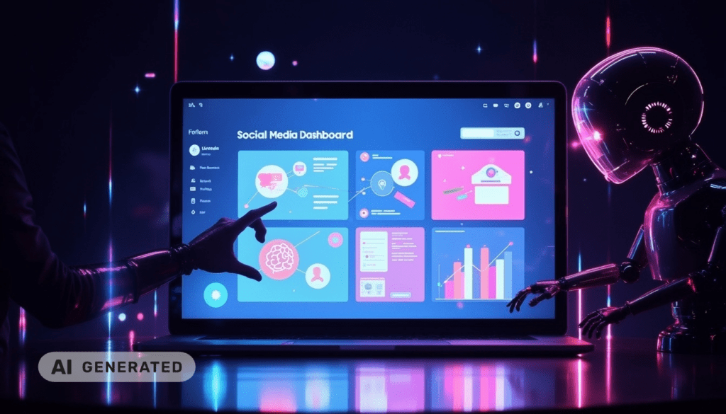 Eine Person und ein Roboter betrachten in einer futuristischen Kulisse ein farbenfrohes Social-Media-Dashboard auf einem Laptop.