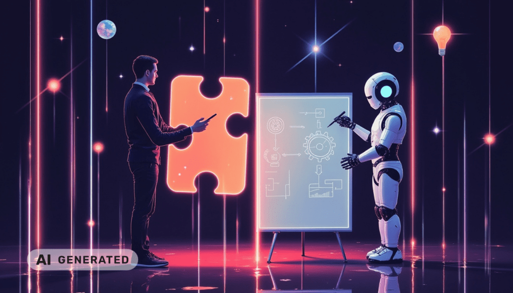 Ein Mensch und ein Roboter besprechen Diagramme auf einem Bildschirm, während leuchtende Puzzleteile und Lichter um sie herum schweben.