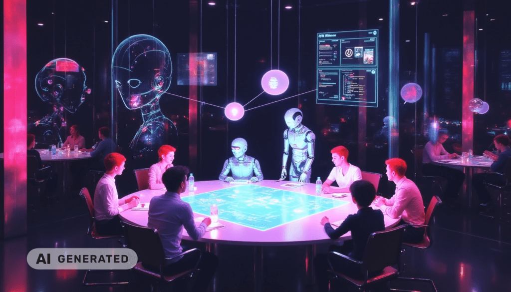 Menschen und Roboter sitzen an einem runden Tisch mit holografischen Displays in einem hochmodernen, futuristischen Besprechungsraum.