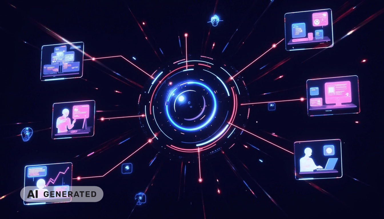 Ein futuristisches digitales Netzwerk mit leuchtenden Linien, die Benutzer-Symbole und Computerbildschirme vor einem dunklen Hintergrund miteinander verbinden.