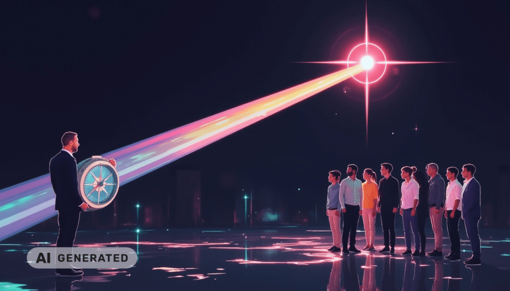 Ein Mann hält ein Rad in der Hand, das einen Lichtstrahl auf eine Gruppe von Menschen reflektiert, die auf einer digitalen Karte stehen.
