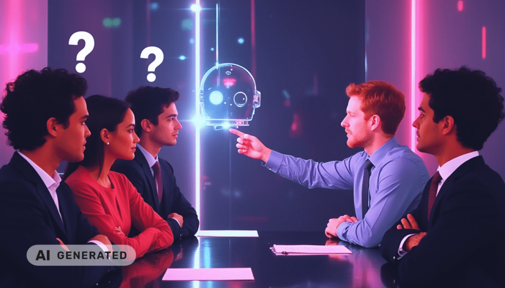 Vier Menschen in Anzügen diskutieren über das Hologramm eines leuchtenden Roboterkopfes; über zwei von ihnen schweben Fragezeichen.