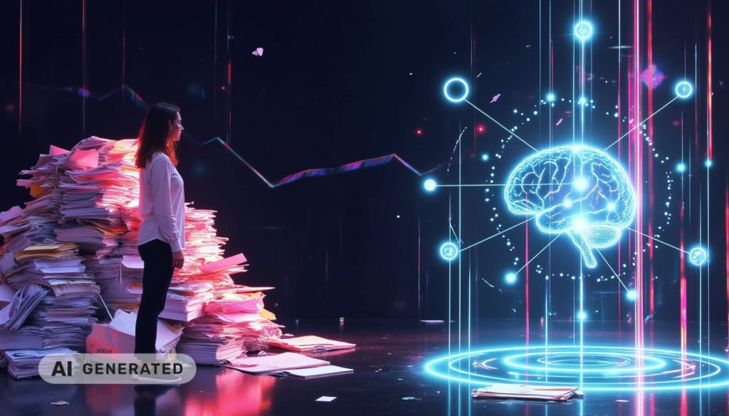 Eine Frau steht neben Papierstapeln und betrachtet ein leuchtendes digitales Gehirn-Hologramm mit Datenlinien.