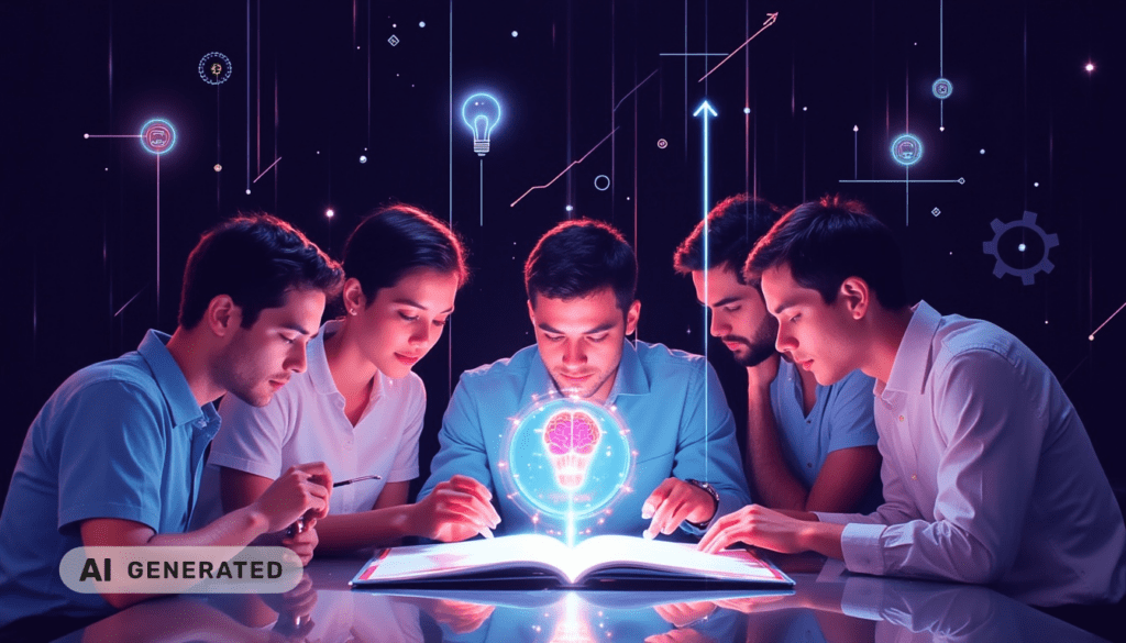 Fünf Menschen lesen ein leuchtendes Buch mit einem Gehirn-Hologramm, umgeben von futuristischen digitalen Symbolen und Lichtern.