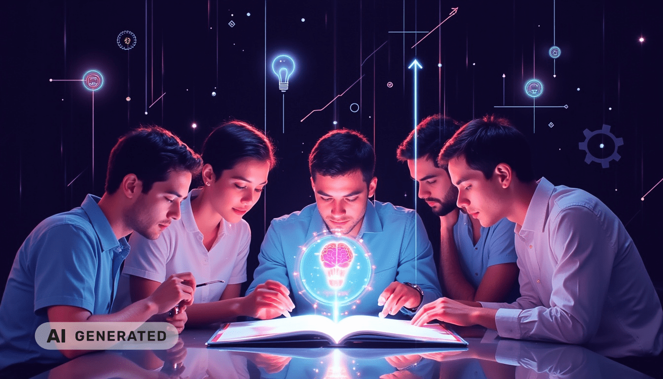 Fünf Menschen lesen ein leuchtendes Buch mit einem Gehirn-Hologramm, umgeben von futuristischen digitalen Symbolen und Lichtern.