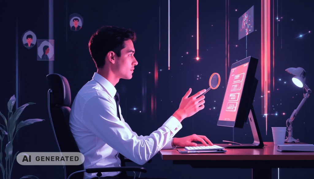 Ein Mann in formeller Kleidung sitzt am Computer und analysiert Daten auf dem Bildschirm in einer futuristischen, digitalen Büroumgebung.