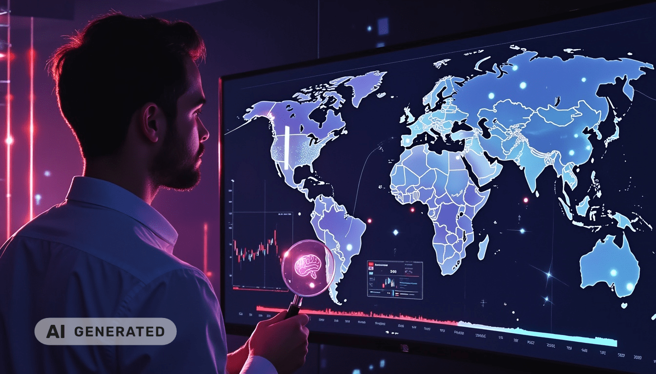 Eine Person betrachtet in einem dunklen, hochmodernen Raum eine leuchtende digitale Weltkarte mit Datendiagrammen.