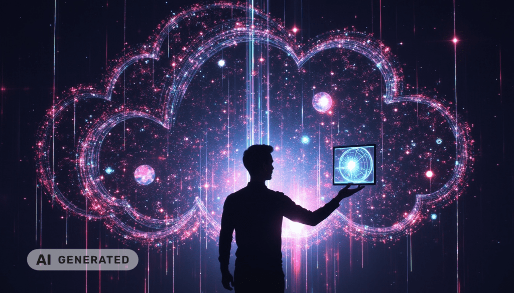 Silhouette, die ein Tablet hält, im Hintergrund eine leuchtende digitale Wolke und Datenströme, mit der Beschriftung „AI GENERATED.“.