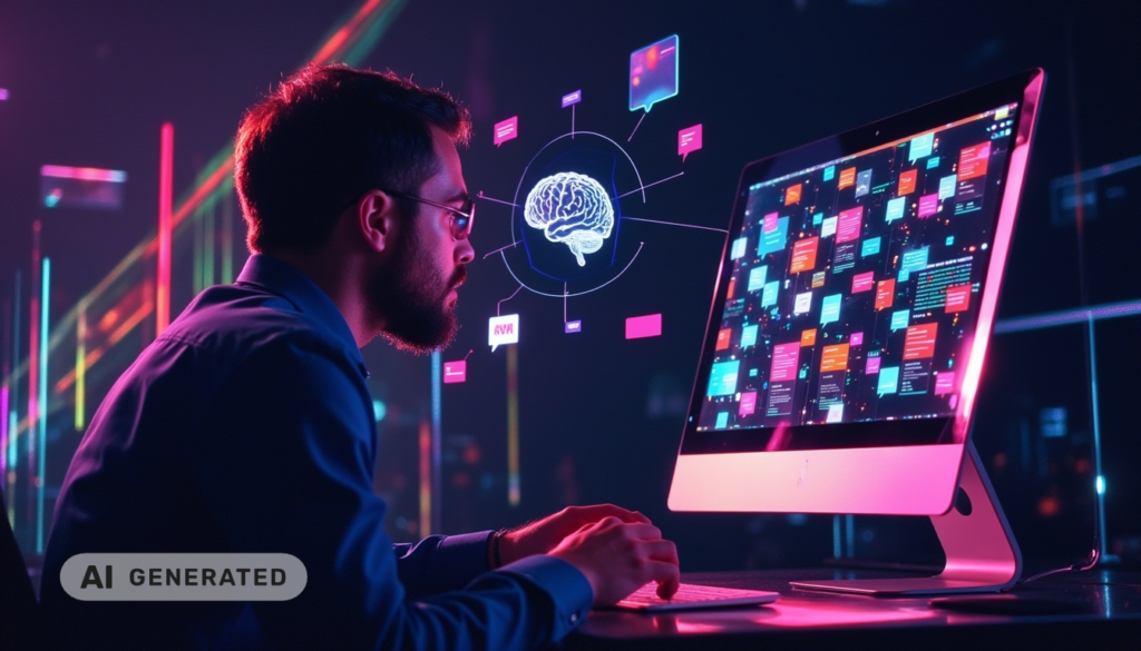 Ein Mann bedient einen Computer, auf dessen Bildschirm bunte Daten und Grafiken eines KI-Gehirns zu sehen sind.