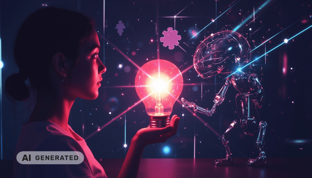 Eine Frau hält eine leuchtende Glühbirne in Richtung eines Roboters; die Szene wirkt futuristisch, mit digitalen Effekten und dunklen Farben.