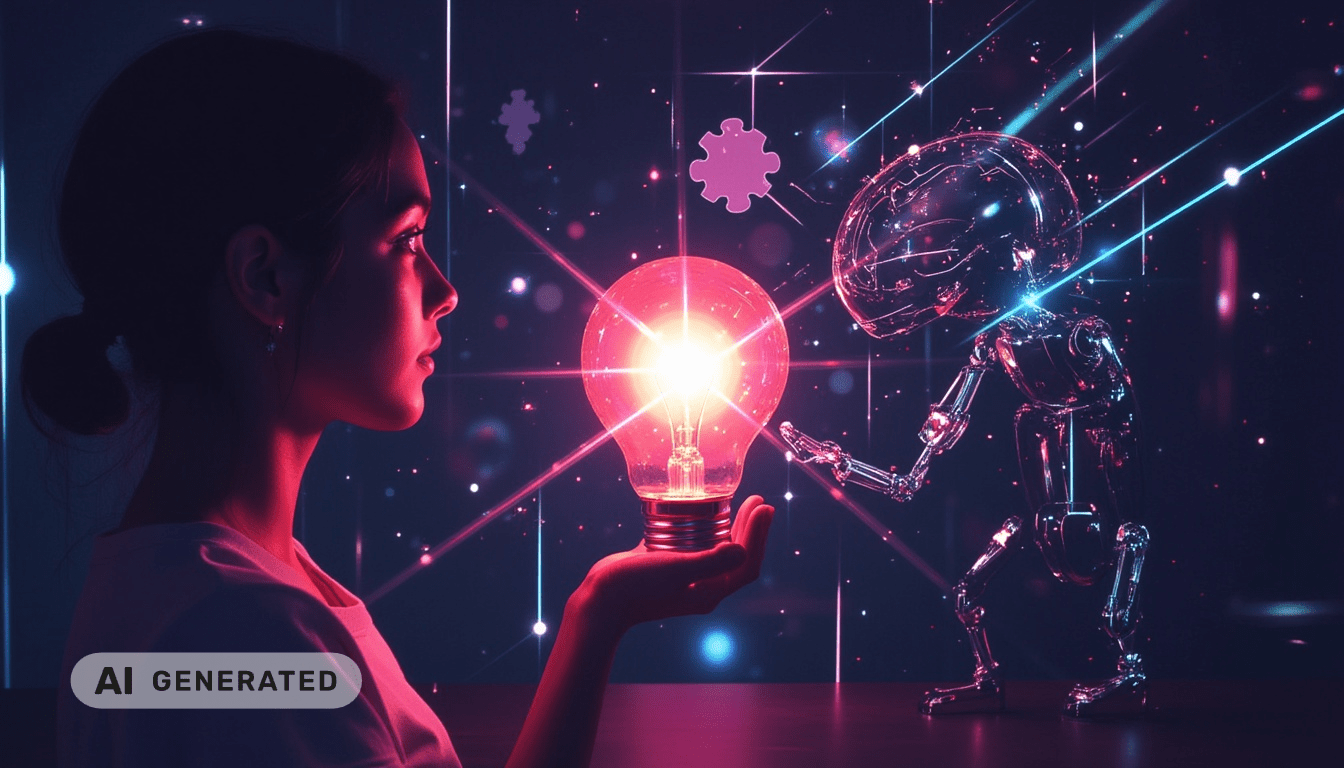 Eine Frau hält eine leuchtende Glühbirne in Richtung eines Roboters; die Szene wirkt futuristisch, mit digitalen Effekten und dunklen Farben.