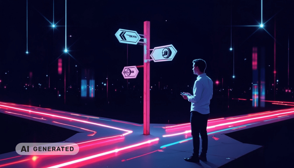 Eine Person steht an einer neonbeleuchteten Kreuzung und blickt auf einen futuristischen Wegweiser mit leuchtenden Richtungspfeilen.