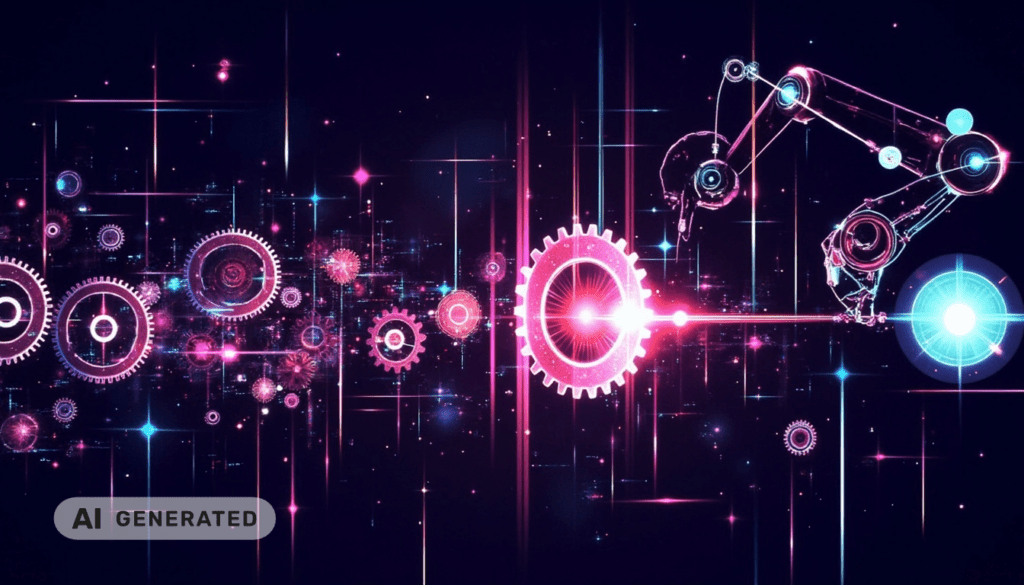 Ein neonfarbener Roboterarm interagiert mit leuchtenden Zahnrädern und digitalen Linien vor einem dunklen, futuristischen Hintergrund.