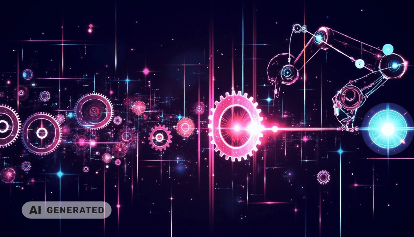 Ein neonfarbener Roboterarm interagiert mit leuchtenden Zahnrädern und digitalen Linien vor einem dunklen, futuristischen Hintergrund.
