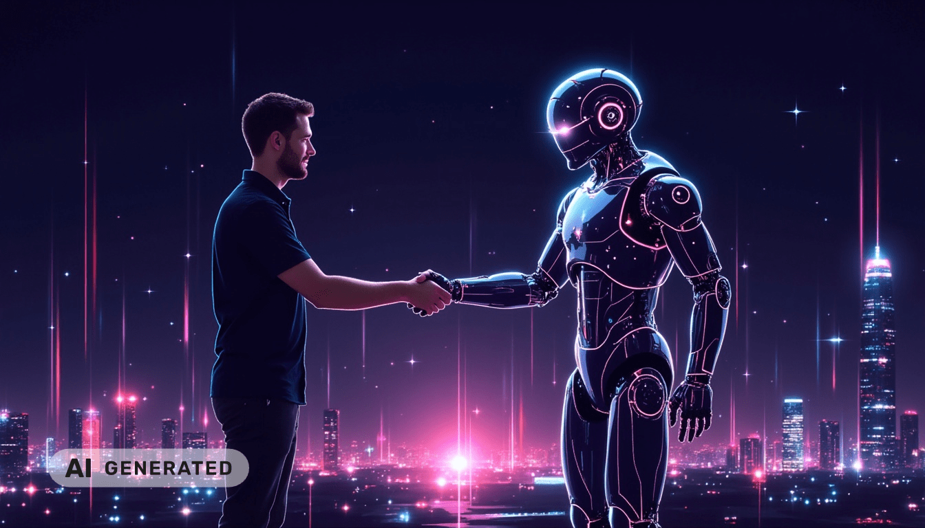 Ein Mann und ein Roboter geben sich nachts vor der neonbeleuchteten Skyline einer Stadt die Hand.