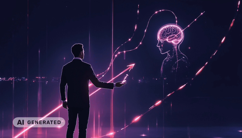 Ein Mann im Anzug zeigt auf ein leuchtendes digitales Gehirn, umgeben von Pfeilen und Datenleitungen, in einer dunklen, futuristischen Kulisse.
